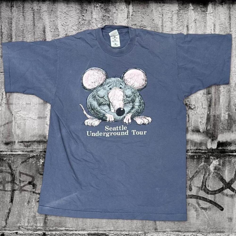 Vintage Seattle Underground Tour Rat Large Tee - Faded Blue Single Stitch Shirt